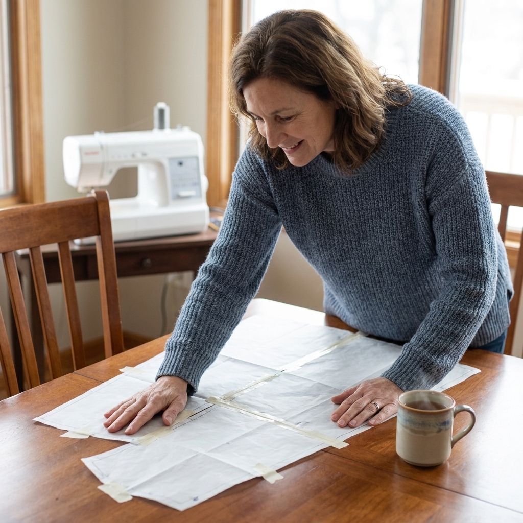 A beginner sewist smoothing taped pattern pages on a dining table with a cup of tea nearby and a sewing machine in the background