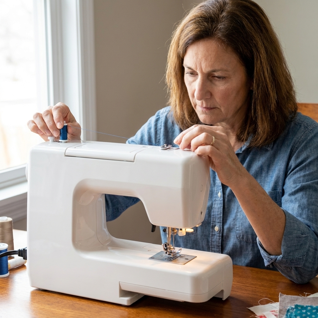 A beginner sewist threading a home sewing machine with the presser foot raised, guiding the thread through the upper thread path