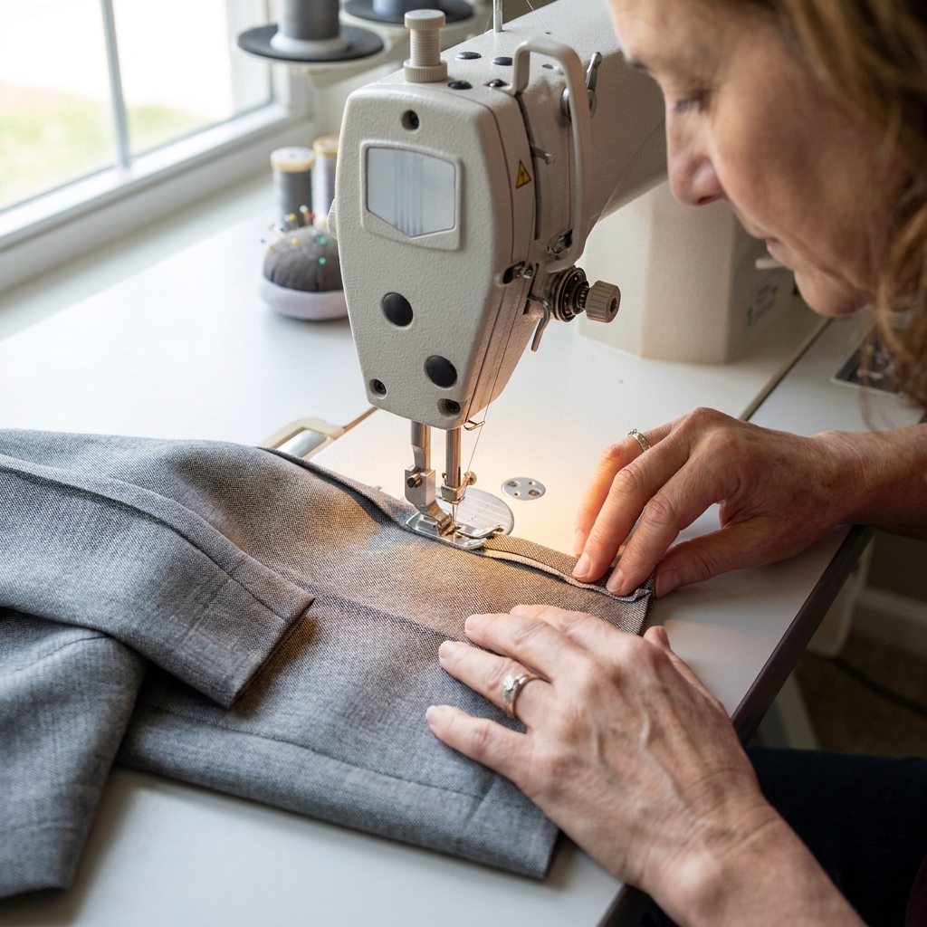 A blind hem foot stitching a pressed hem on a pair of woven fabric pants, with the fabric folded to expose a small edge
