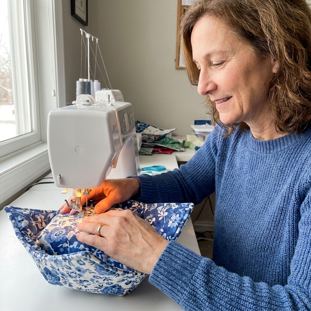 A bowl cozy being topstitched around the outer edge on a sewing machine, with the opening folded neatly closed