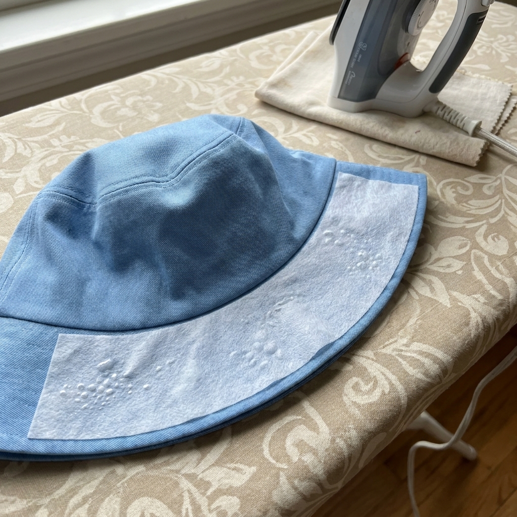 A brim piece for a bucket hat laid flat on an ironing board with fusible interfacing applied, ready to be pressed