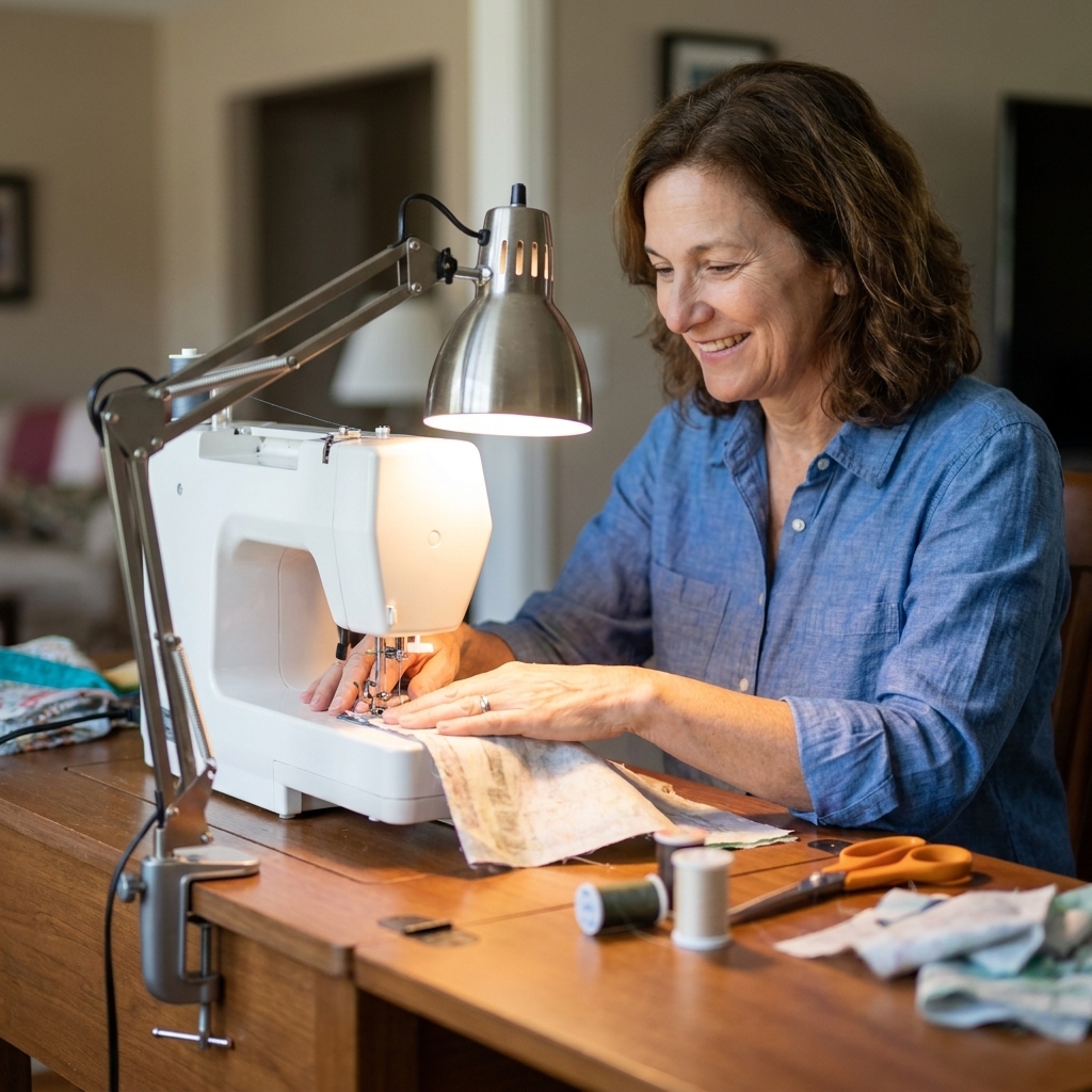 A clamp-style task lamp attached to a small sewing table, with the light aimed at the sewing machine needle area