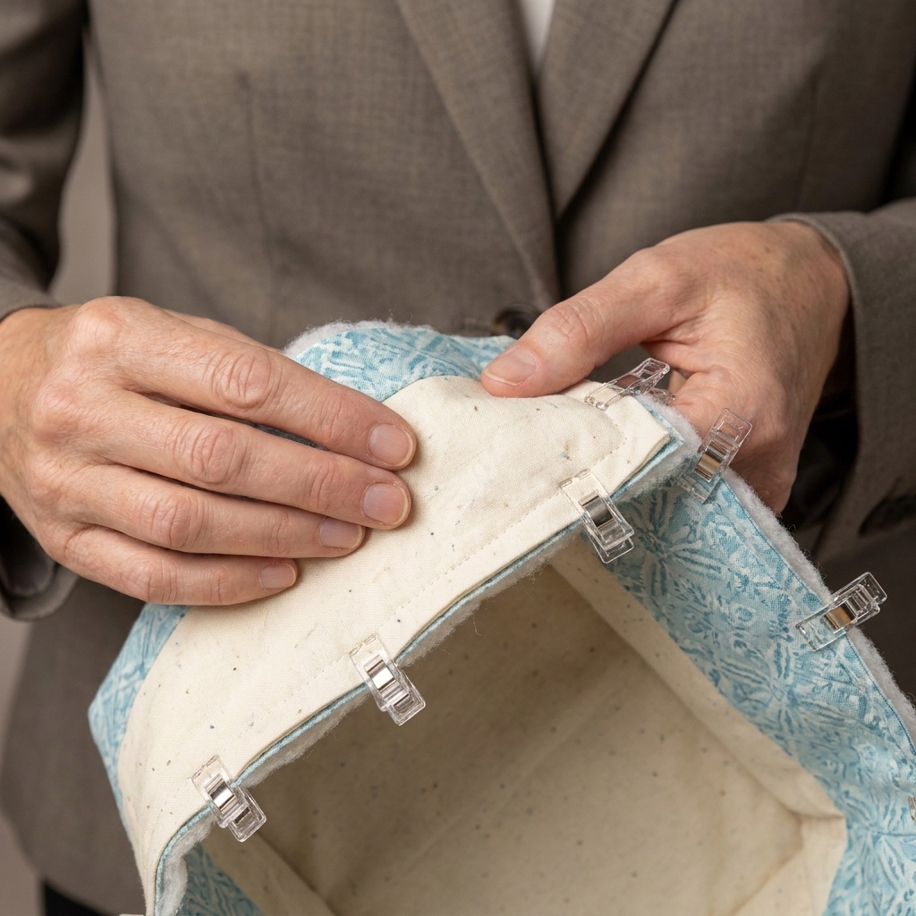 A close-up of hands holding a fabric basket corner opened into a straight edge, with clips holding layers together before stitching