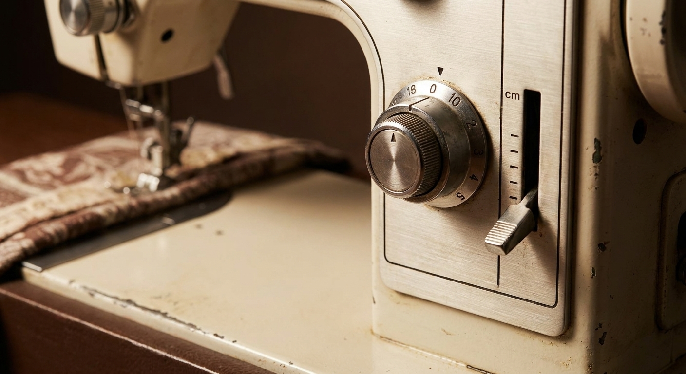A close-up photo of a sewing machine front panel showing a tension dial and stitch length controls, with the needle area slightly visible in the background