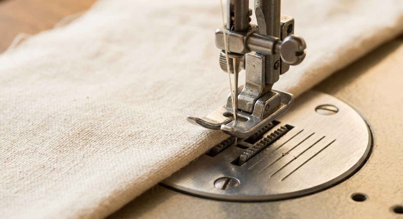 A close-up photo of a sewing machine needle area showing the presser foot, needle, needle plate, and feed dogs with a piece of cotton fabric positioned ready to sew