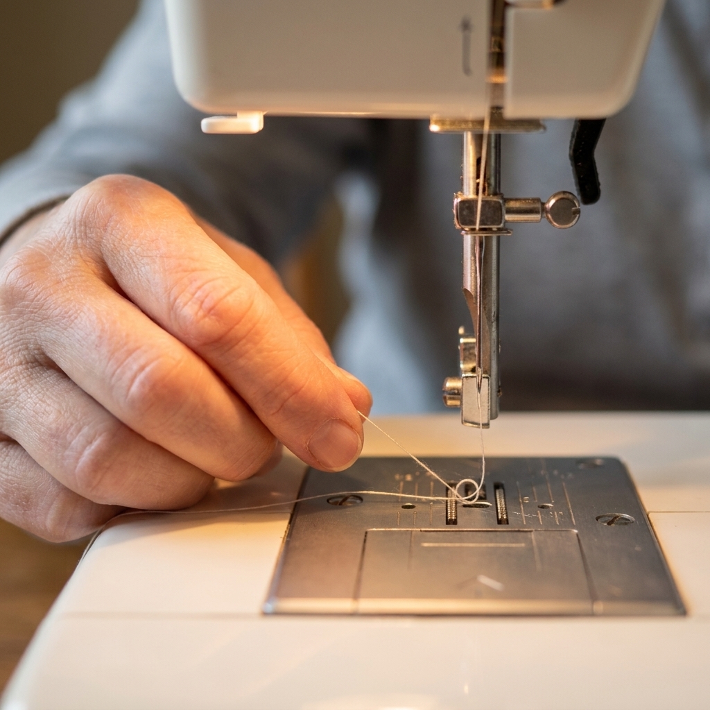 A close-up photo of a sewing machine needle plate as a hand pulls the top thread to bring the bobbin thread loop up through the hole