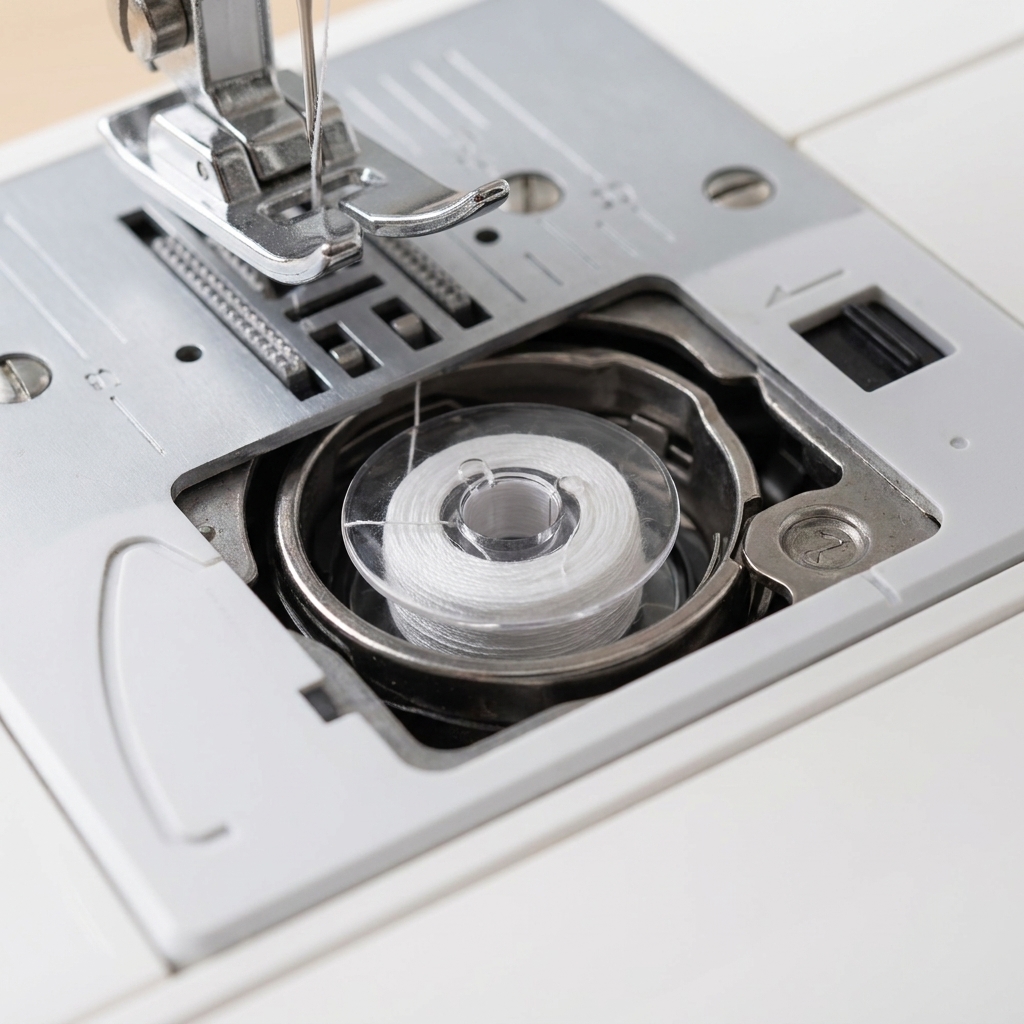 A close-up photo of a top-loading sewing machine bobbin area with the clear bobbin cover removed, showing a bobbin seated correctly in the case