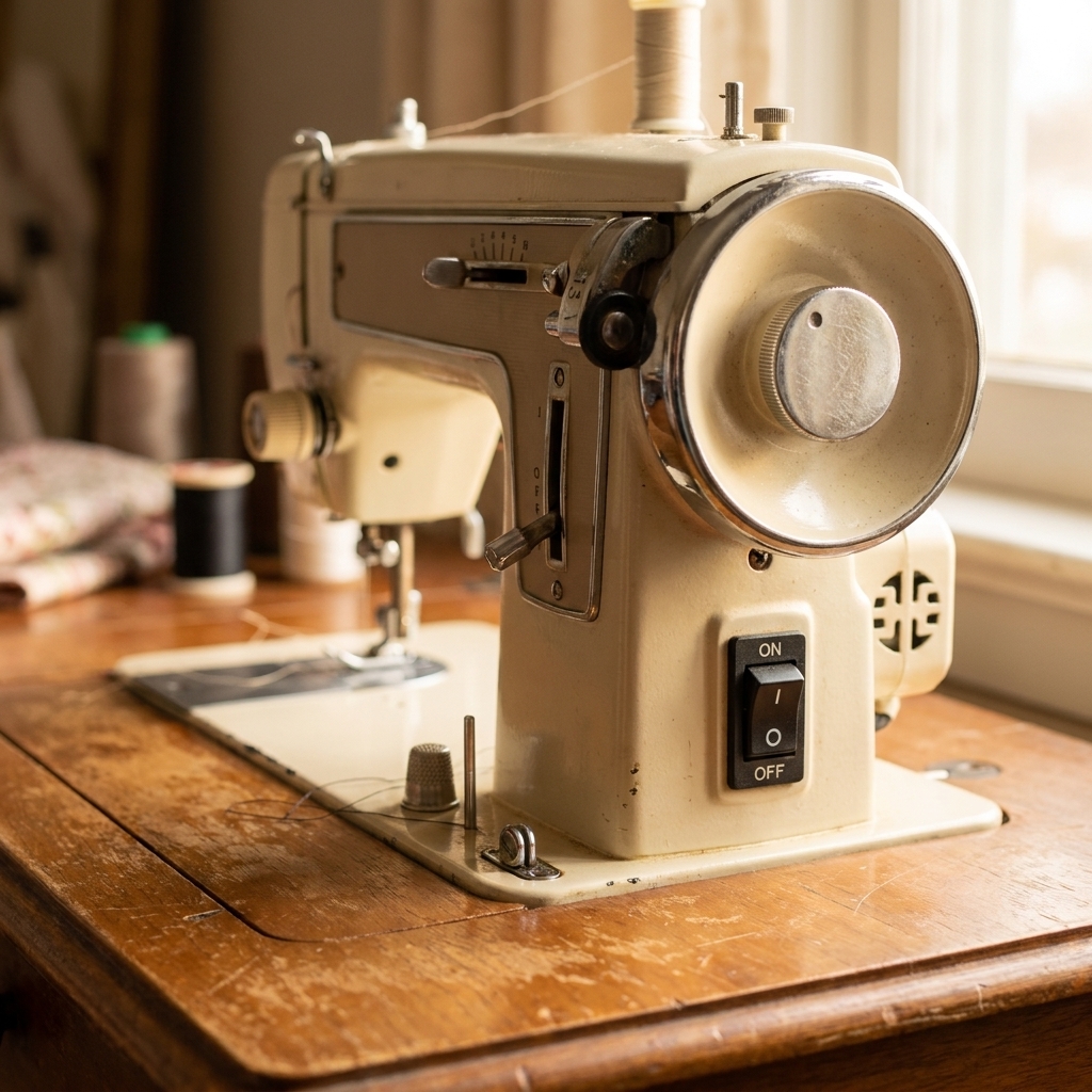 A close-up photo of the right side of a sewing machine showing the handwheel and power switch with the machine sitting on a sewing table