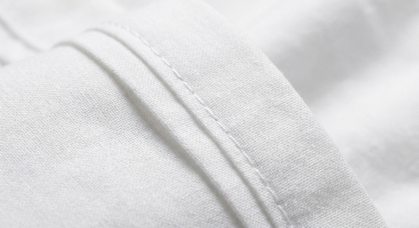 A close-up photograph of a finished French seam on white cotton fabric, showing a neat enclosed seam allowance pressed to one side