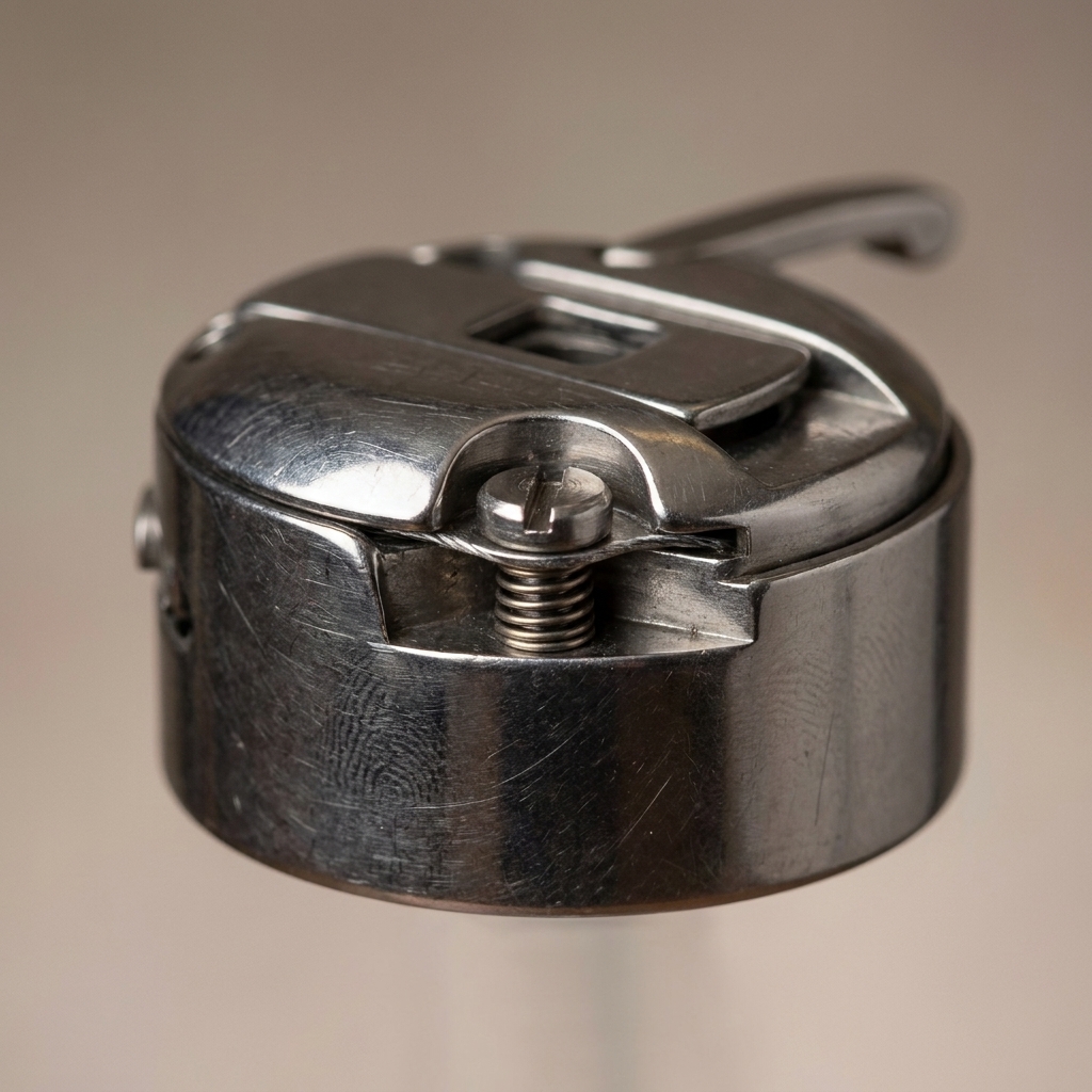 A close-up photograph of a metal front-loading sewing machine bobbin case showing the small tension screw and spring