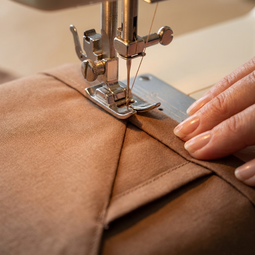 A close-up photograph of a sewing machine needle down in fabric at a corner point while the presser foot is lifted, showing the fabric ready to pivot