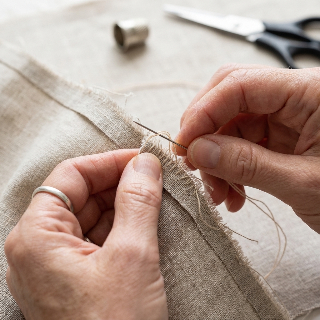 A close-up photograph of an overcast stitch being sewn along the raw edge of a seam allowance on beige linen, showing the thread looping over the edge