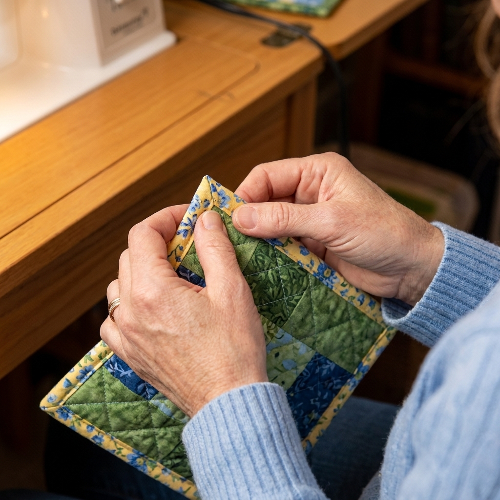 A close-up photograph of hands folding fabric binding at a corner of a small quilted pot holder, forming a neat miter before stitching