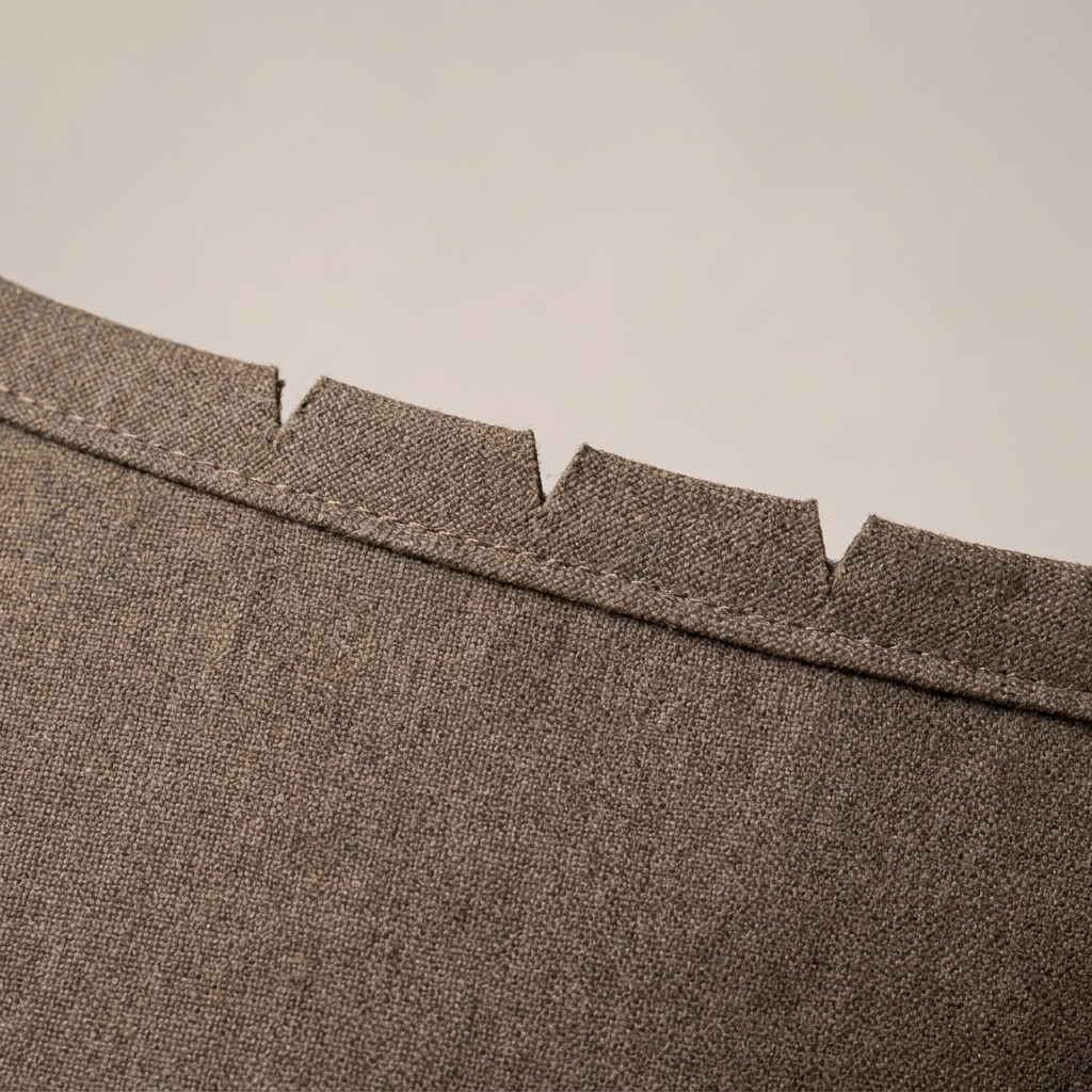 A close-up photograph of small V-shaped notches cut out of the seam allowance along an outside curve, showing reduced bulk near the stitching line