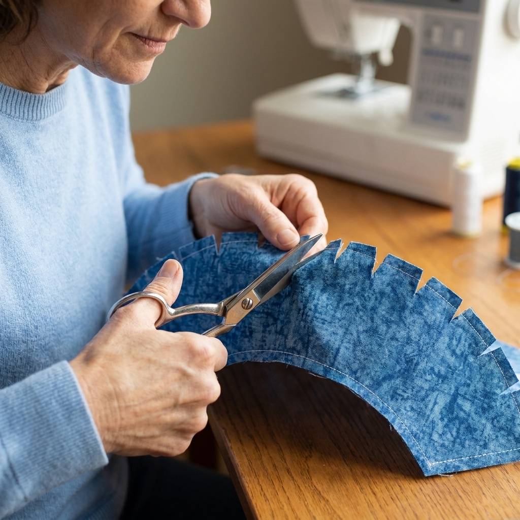 A close-up photograph of small snips clipped into the seam allowance along an inside curve on fabric, with scissors positioned just short of the stitching line