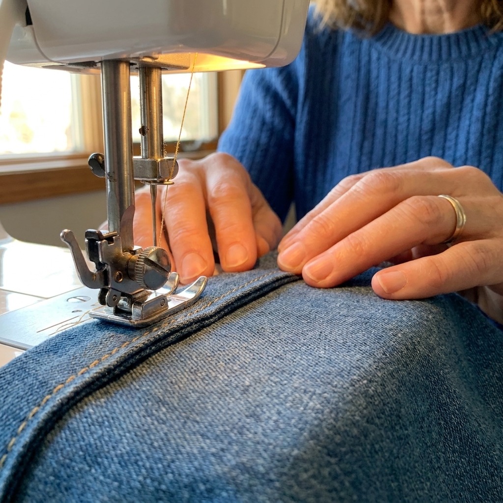 A close view of a sewing machine presser foot sewing a straight topstitched hem on medium-weight fabric, with the folded edge guided along the presser foot
