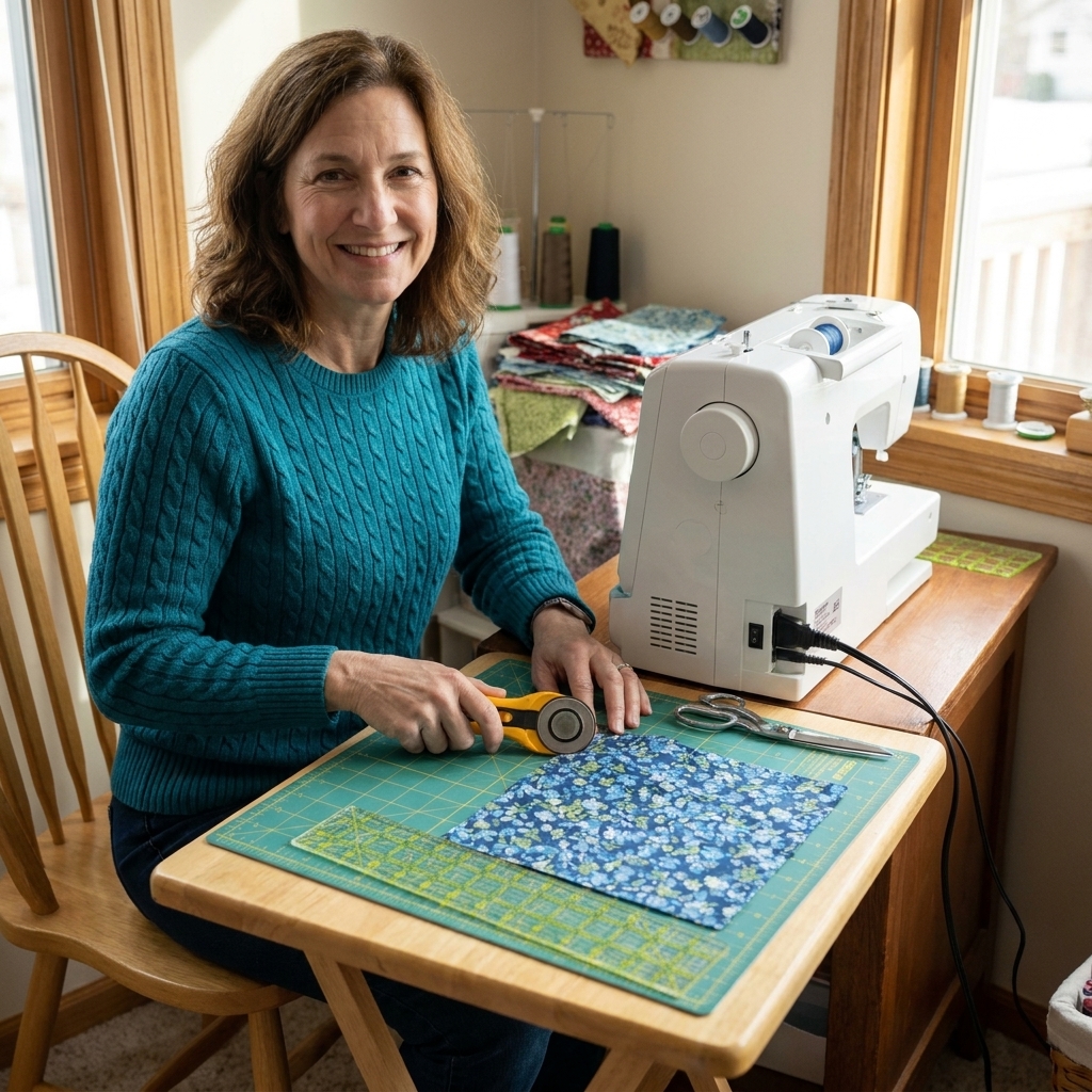 A compact cutting mat placed beside a sewing machine on a small table, with a clear area for cutting fabric