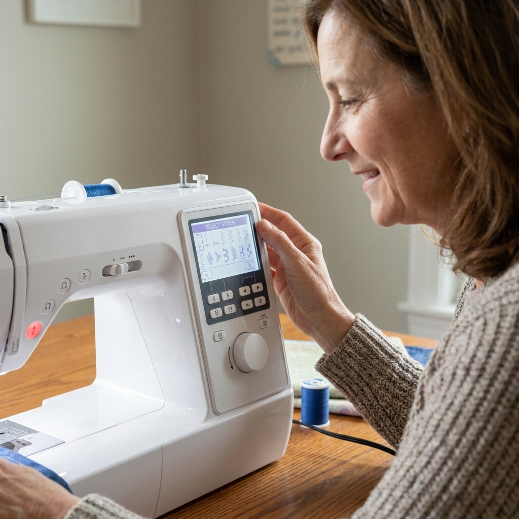A computerized sewing machine showing a stitch selection screen and buttons on the front control panel
