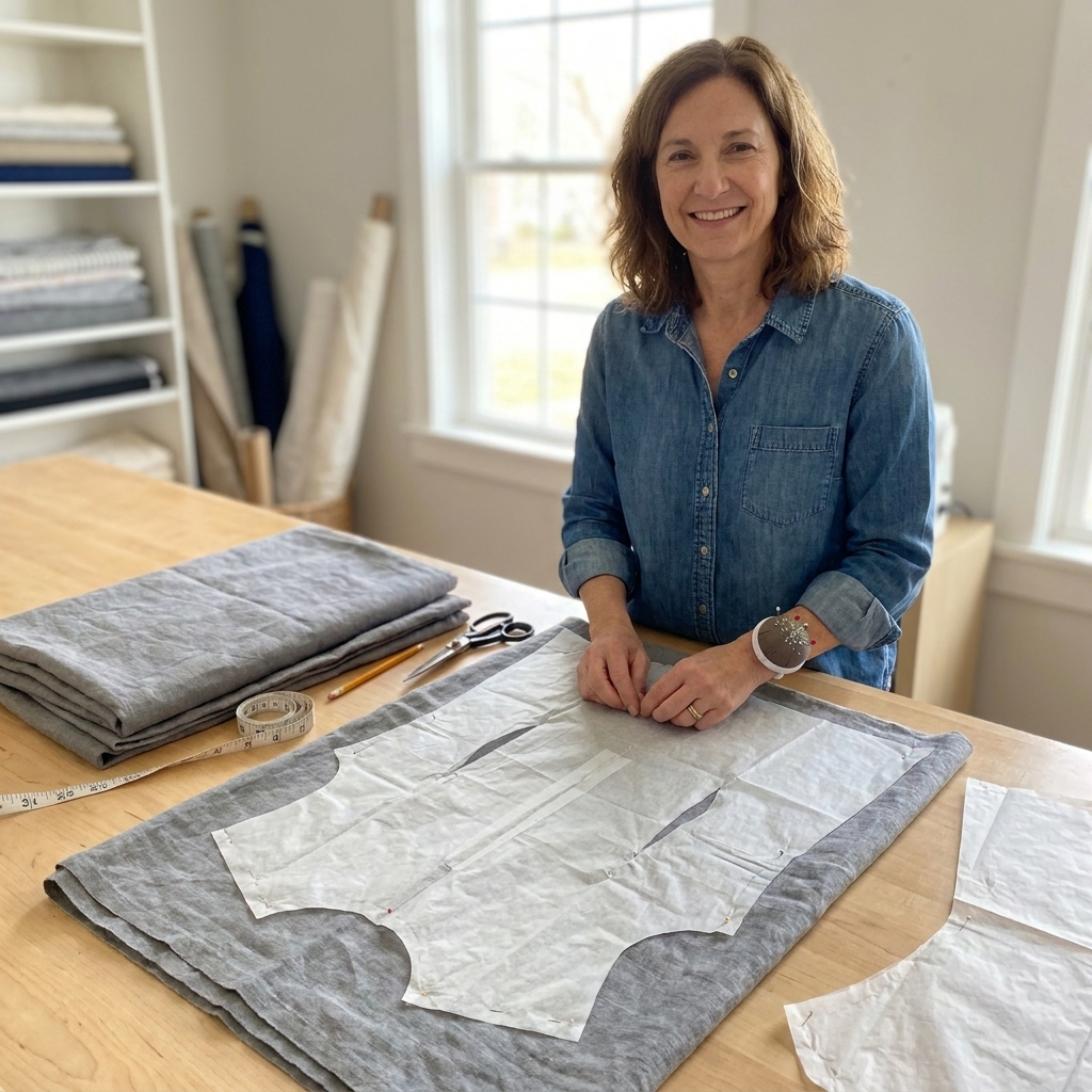 A cutting table with folded fabric and tissue pattern pieces pinned in place, arranged efficiently before cutting