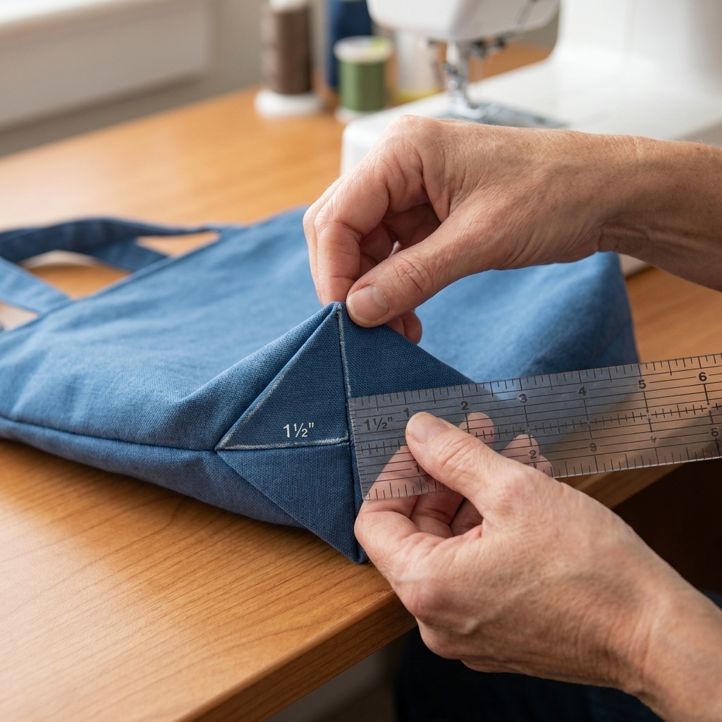 A fabric bag corner pinched into a triangle with a ruler measuring 1 1/2 inches from the point before stitching a boxed corner