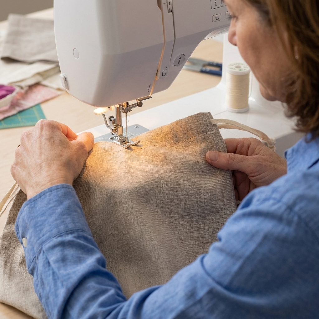 A fabric drawstring bag under a sewing machine foot as it stitches a horizontal casing seam around the bag 1 1/4 inches below the finished top edge