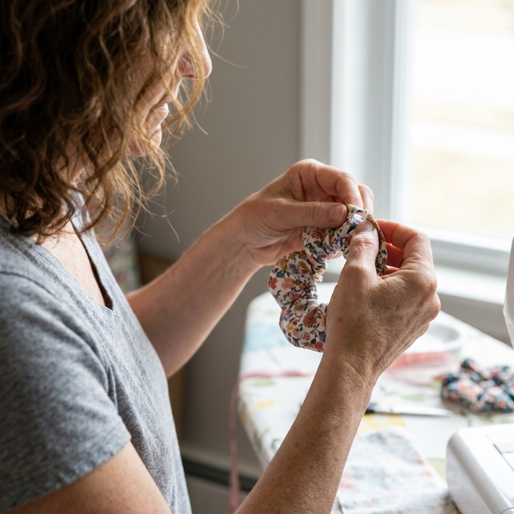 A fabric scrunchie ring being pulled through the small gap in its long seam to turn it right side out