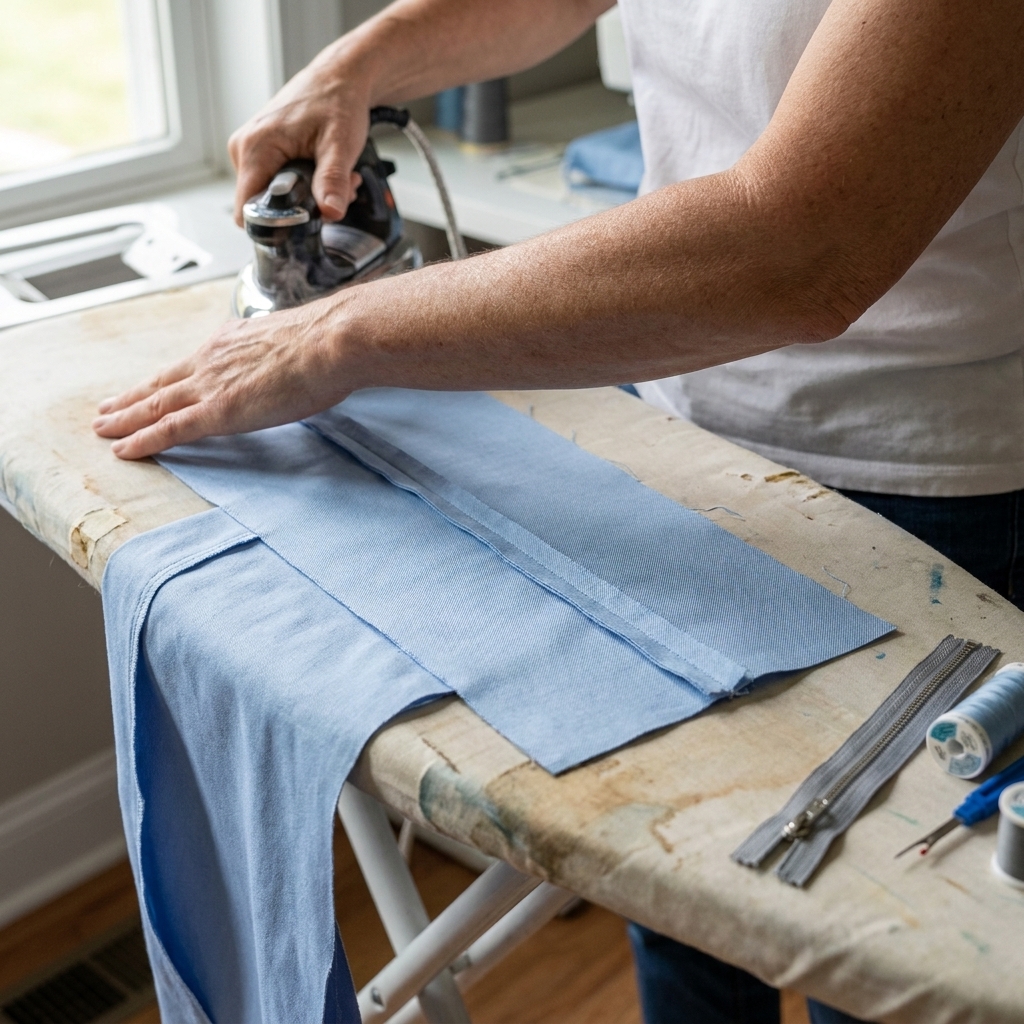 A fabric seam pressed open flat on an ironing board, ready for a zipper installation