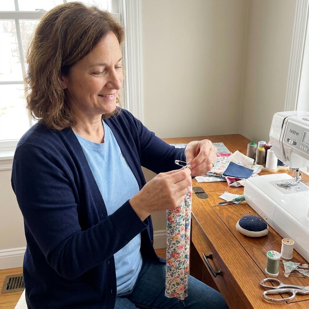 A fabric tie tube being turned right side out using a safety pin on a sewing table