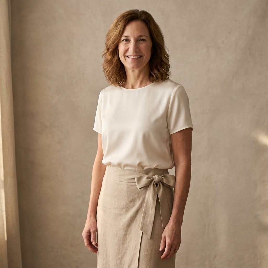 A finished wrap skirt in a solid linen blend fabric tied in a neat bow at the side waist on a person standing indoors