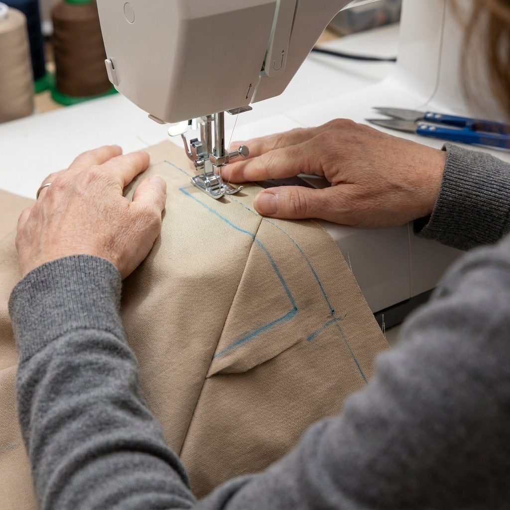 A folded corner dart being stitched on a sewing machine, with a drawn line visible on the fabric