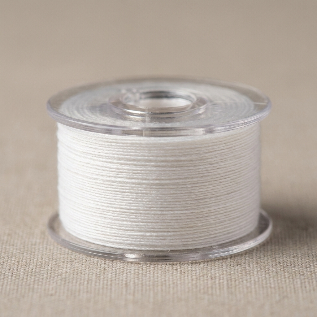 A freshly wound clear plastic bobbin with smooth, evenly layered thread across the full width of the bobbin