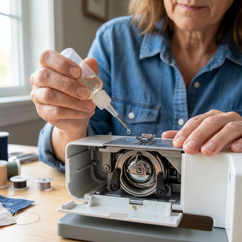 A hand applying a single drop of sewing machine oil to the hook race inside the bobbin area of a domestic sewing machine