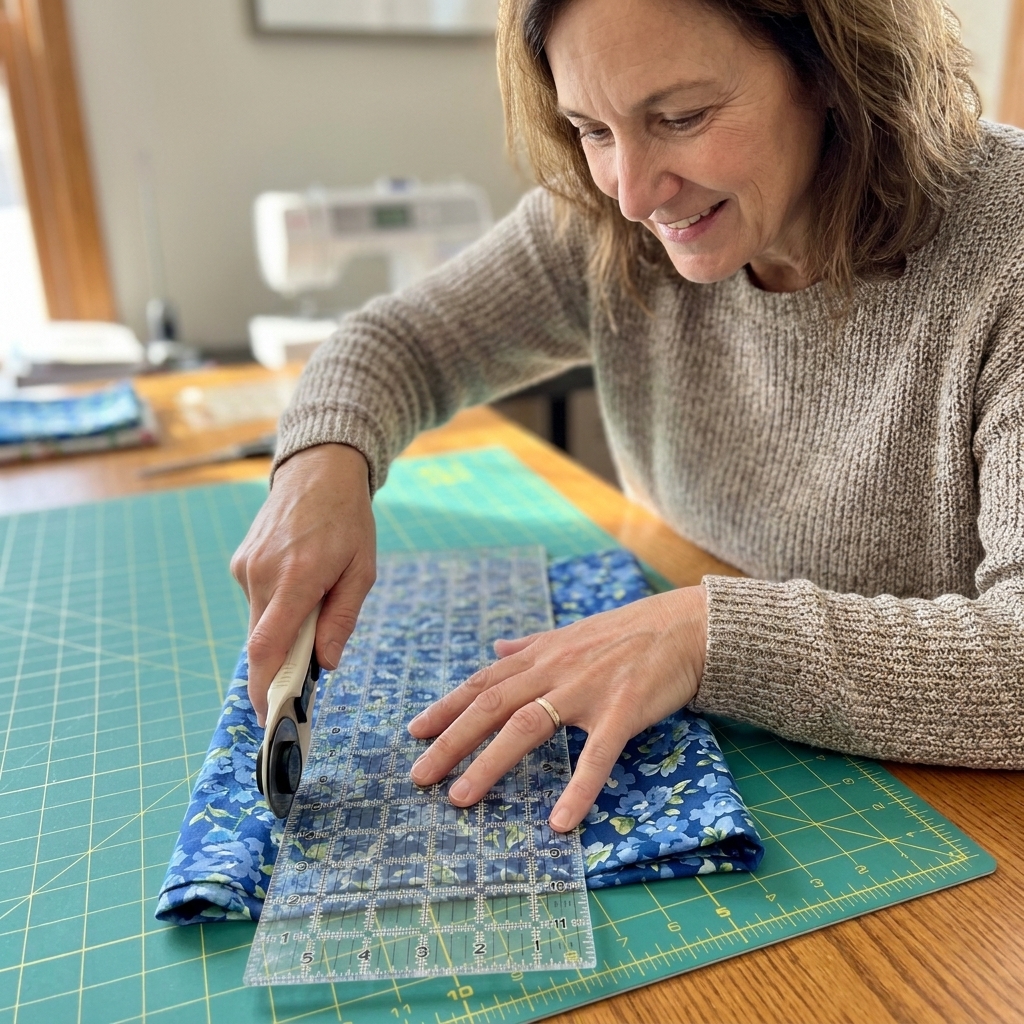 A hand holding a clear acrylic ruler on top of folded fabric while a rotary cutter rolls along the ruler edge on a gridded cutting mat