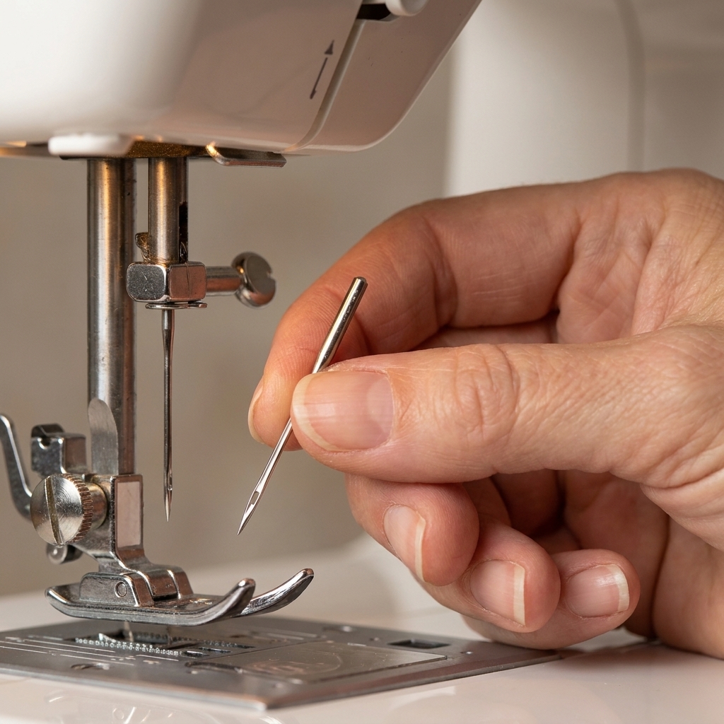 A hand holding a single home sewing machine needle near a presser foot, with the tip and eye visible clearly