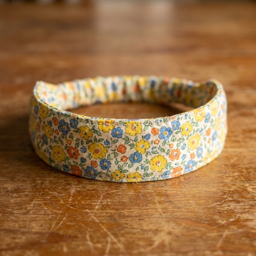 A handmade fabric headband in a cheerful cotton print resting on a wooden tabletop