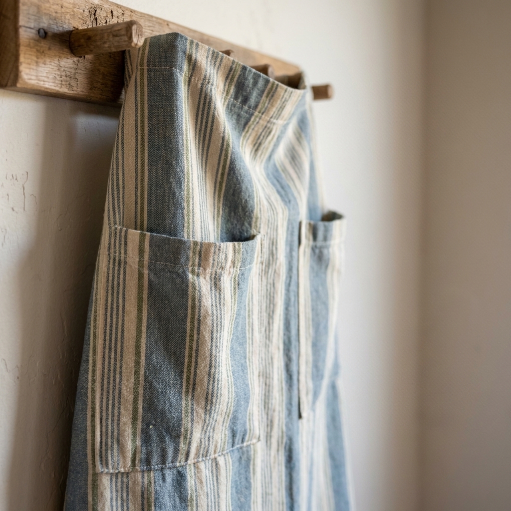 A handmade half apron in striped cotton with two large front pockets, photographed hanging on a wooden peg