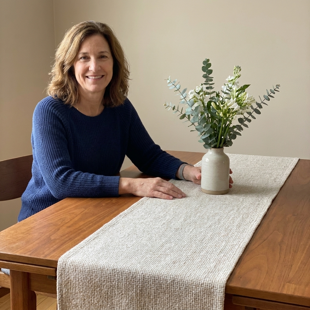 A handmade table runner in textured linen laid along a dining table with a simple vase centerpiece