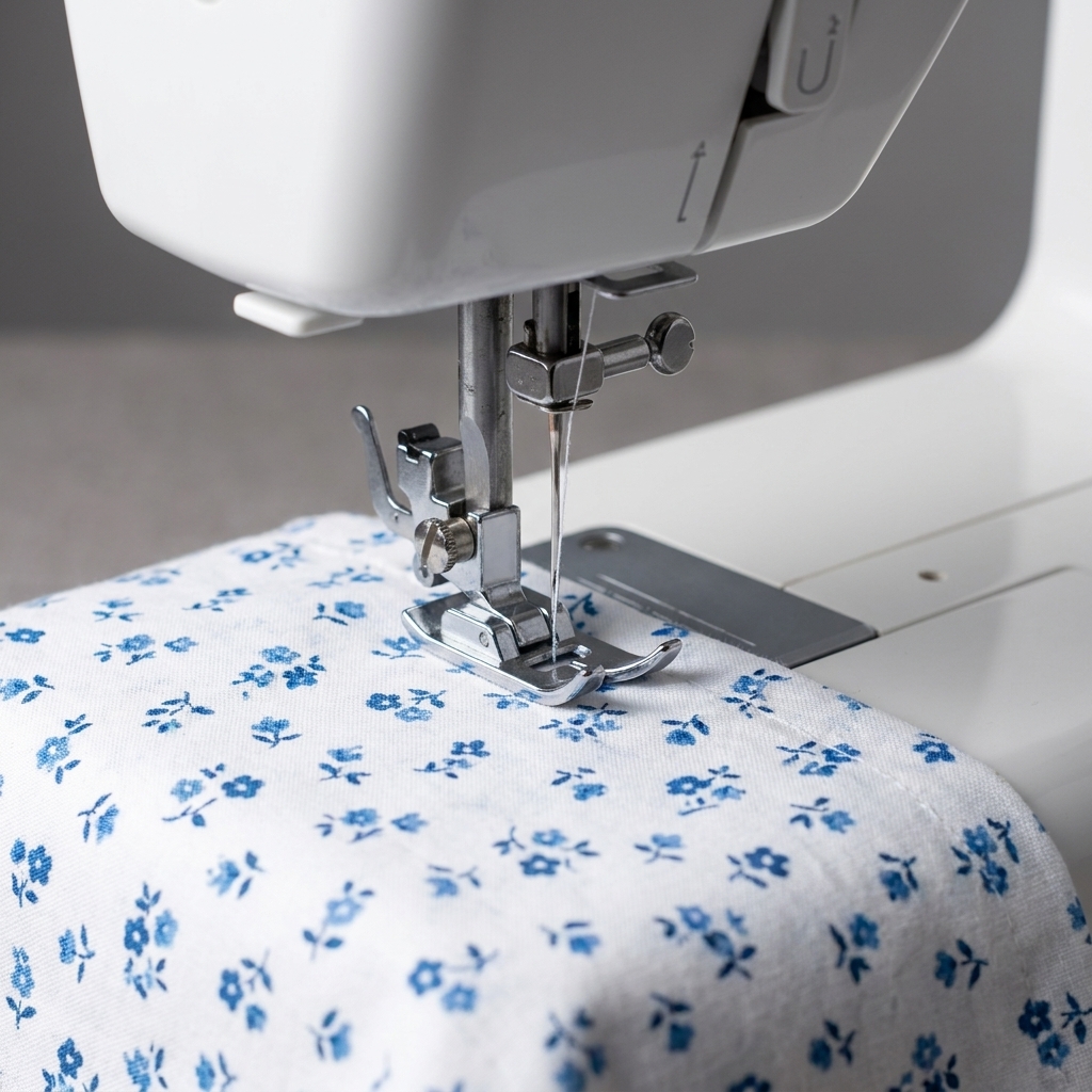 A home sewing machine with a standard zigzag presser foot attached, positioned over cotton fabric with the needle centered