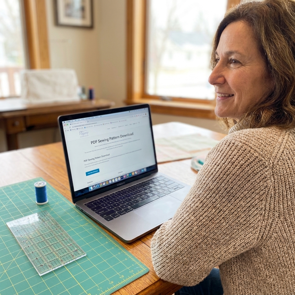 A laptop open to a sewing pattern download page beside a cutting mat, clear ruler, and a spool of thread