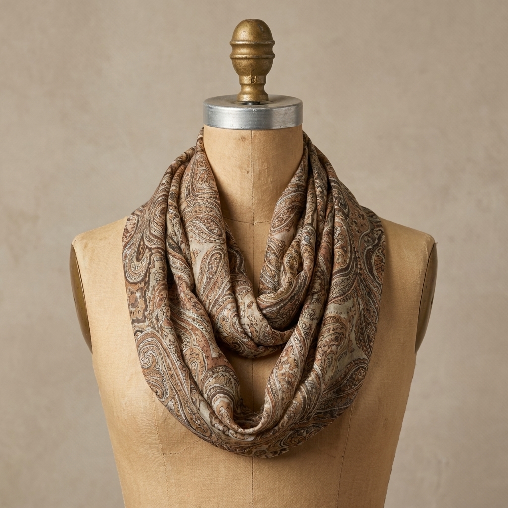 A lightweight infinity scarf in a drapey patterned fabric looped once on a dress form