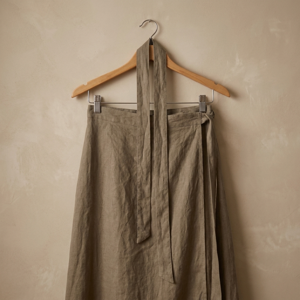 A linen wrap skirt on a hanger with long ties draped neatly over the waistband in a softly lit room