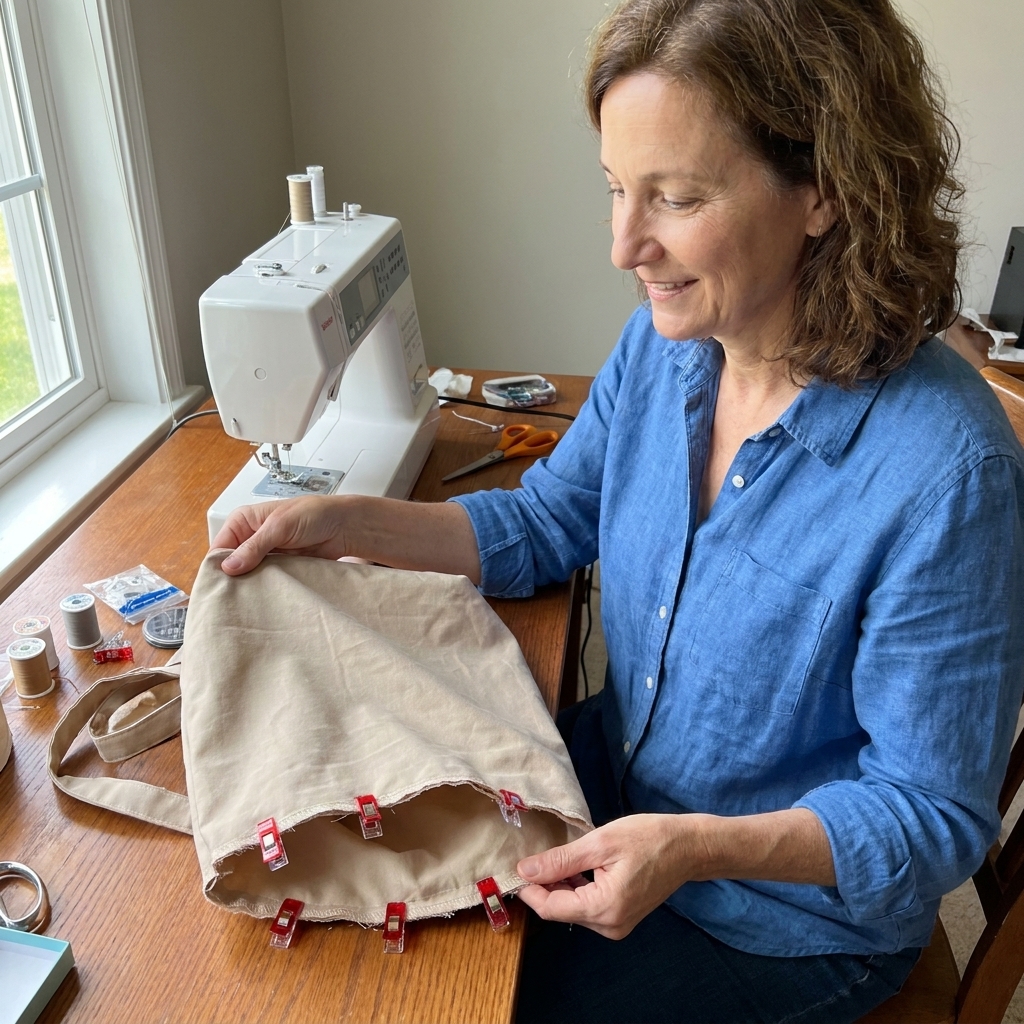 A lining bag turned wrong side out on a sewing table, showing an unsewn gap in the bottom seam held open with clips