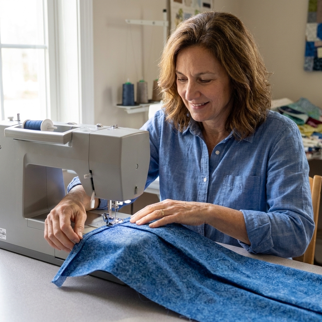 A long fabric piece folded right sides together being stitched along the long edge at a sewing machine