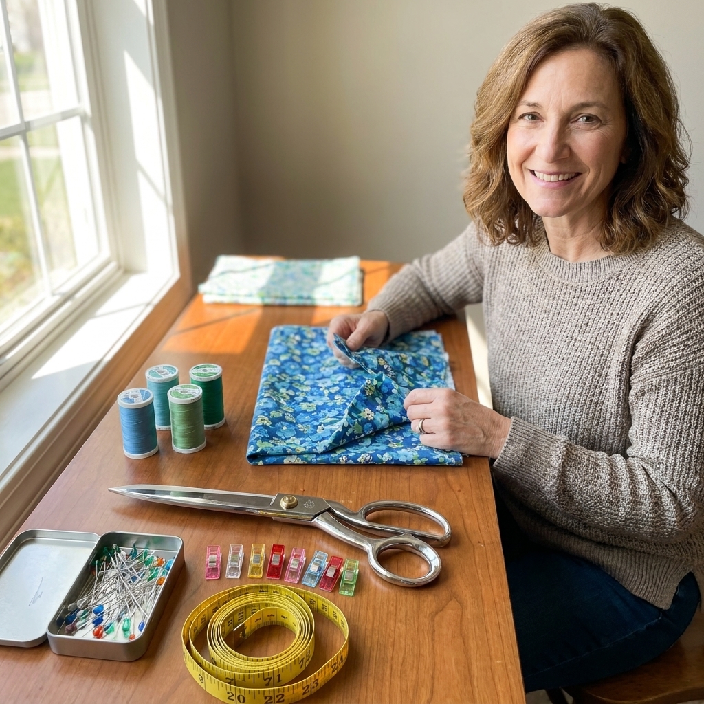 A neat sewing workspace with fabric, dressmaker scissors, straight pins, clips, measuring tape, and matching thread laid out on a wooden table