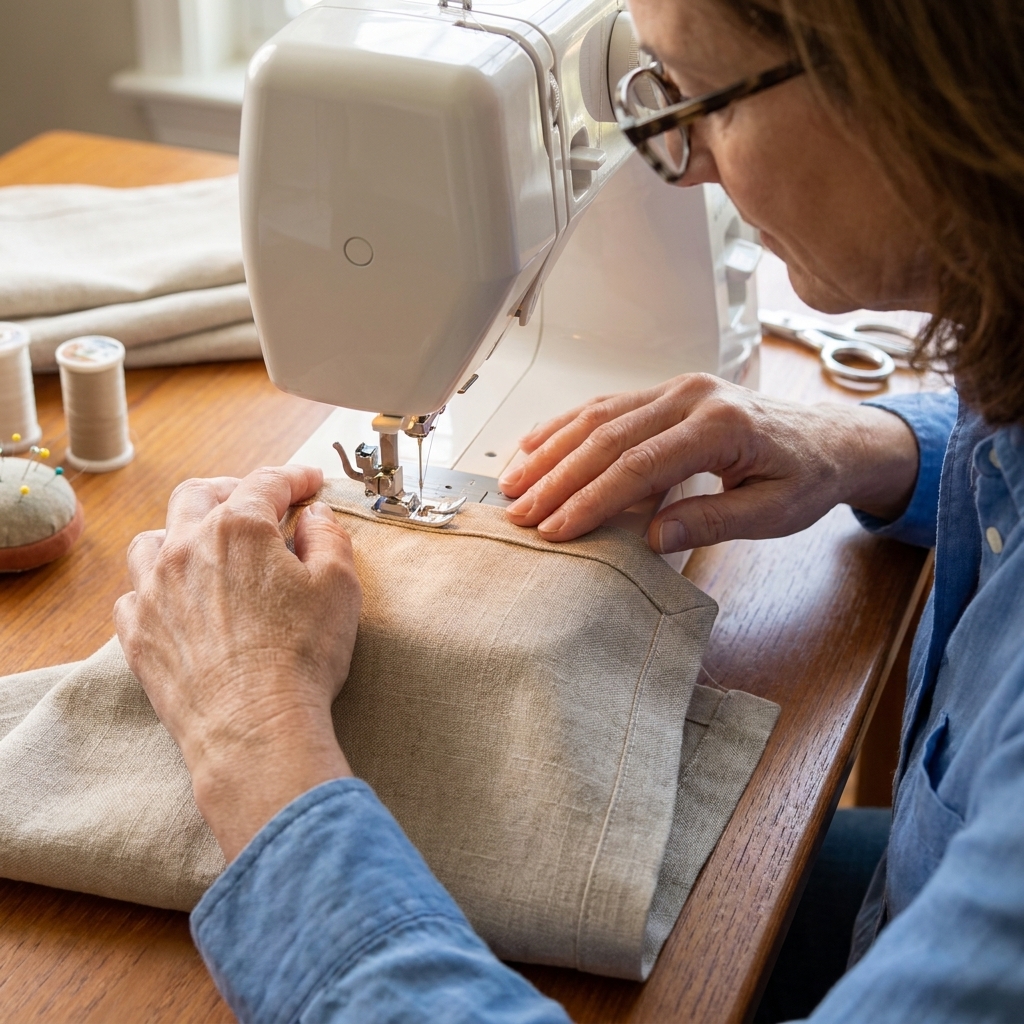 A neatly folded napkin hem being stitched, showing an even line of topstitching close to the inner fold