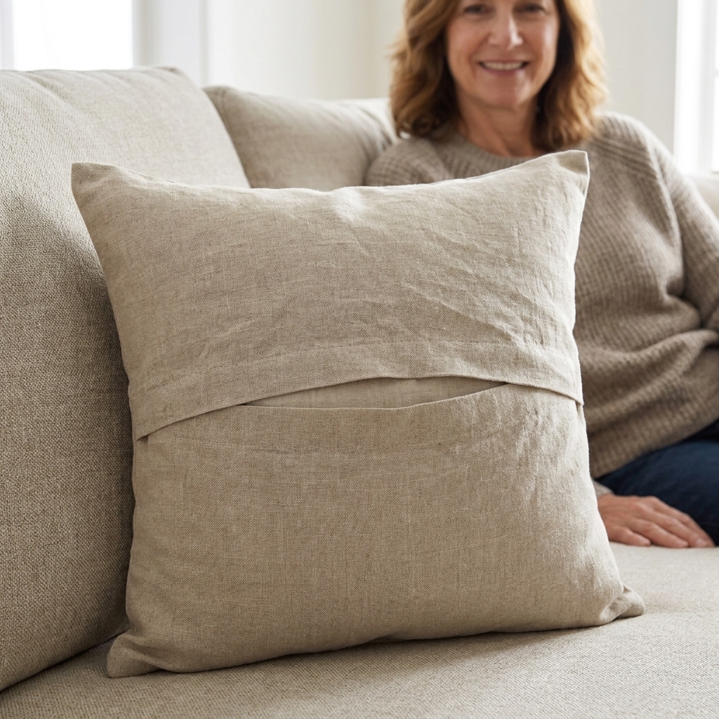 A neutral linen envelope pillow cover on a sofa, showing the overlapping back opening