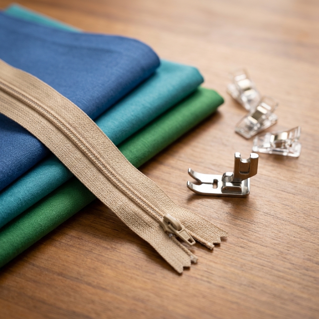 A nylon coil zipper, fabric pieces, clips, and a zipper foot laid out neatly on a sewing table