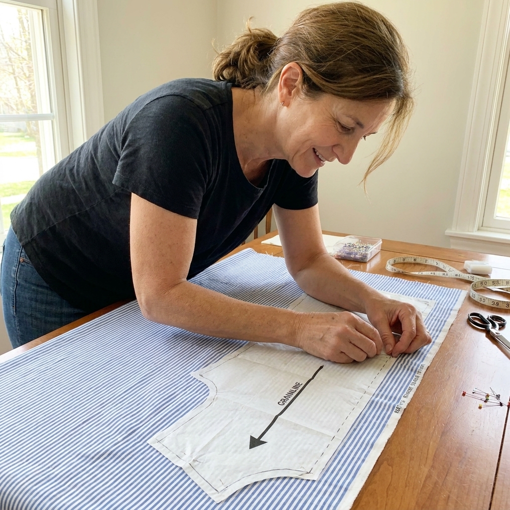 A paper sewing pattern piece placed on fabric with the grainline arrow aligned parallel to the fabric selvage edge on a flat table