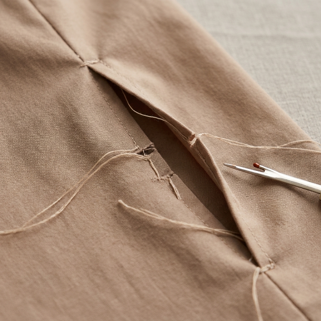 A partially opened seam in cotton fabric with several snipped stitches and loose thread tails visible, showing how the seam separates cleanly