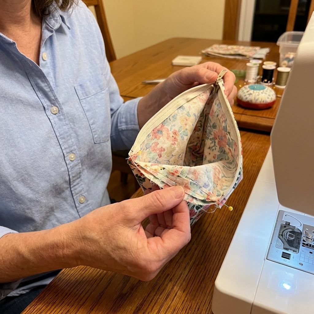 A partially sewn zipper pouch turned inside out with a corner pinched open, showing the boxed corner seam about to be stitched